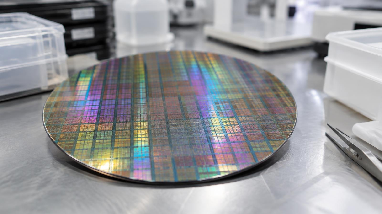 Close-up of a silicon wafer with iridescent circuit patterns on a clean-room surface.