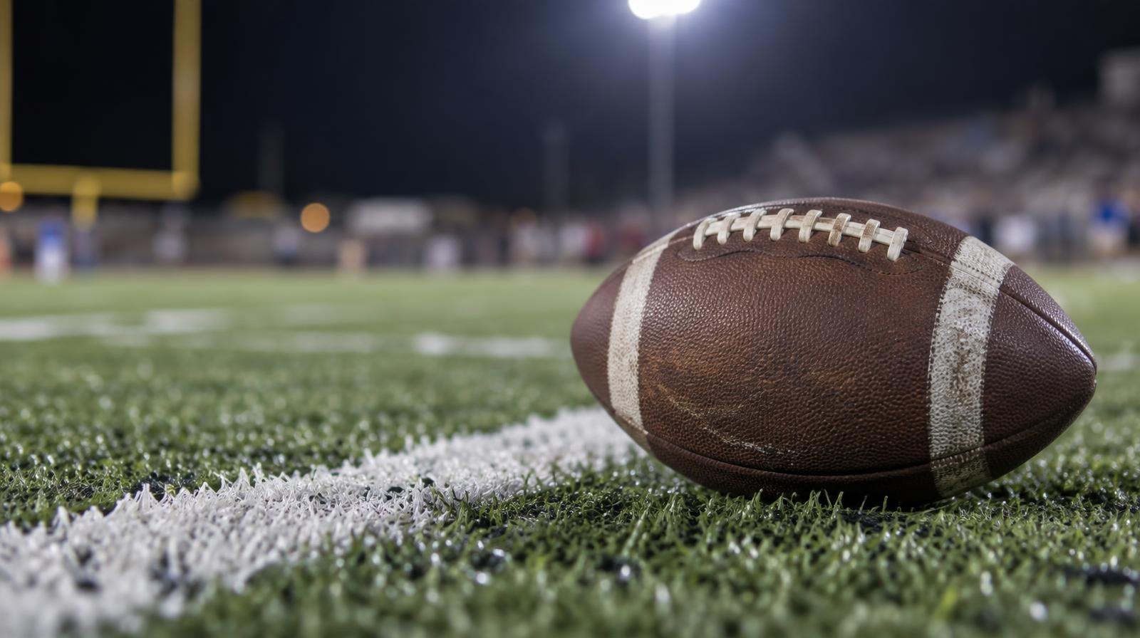 An American football resting on green artificial turf beside a white yard line.