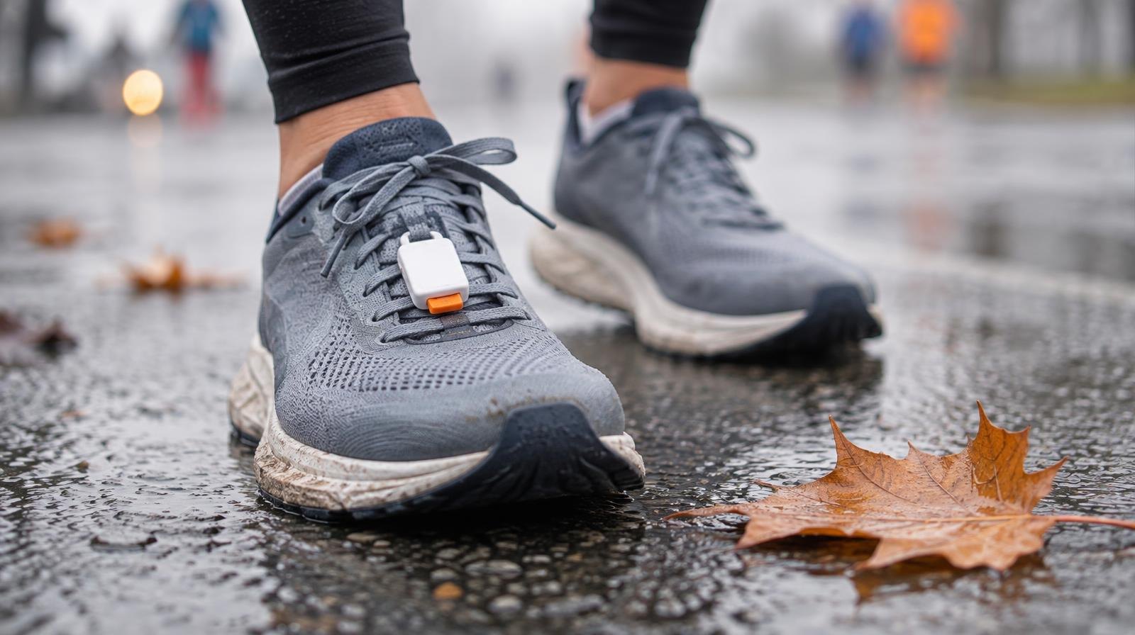 Running shoes with a timing chip on a wet road surface beside an autumn leaf.