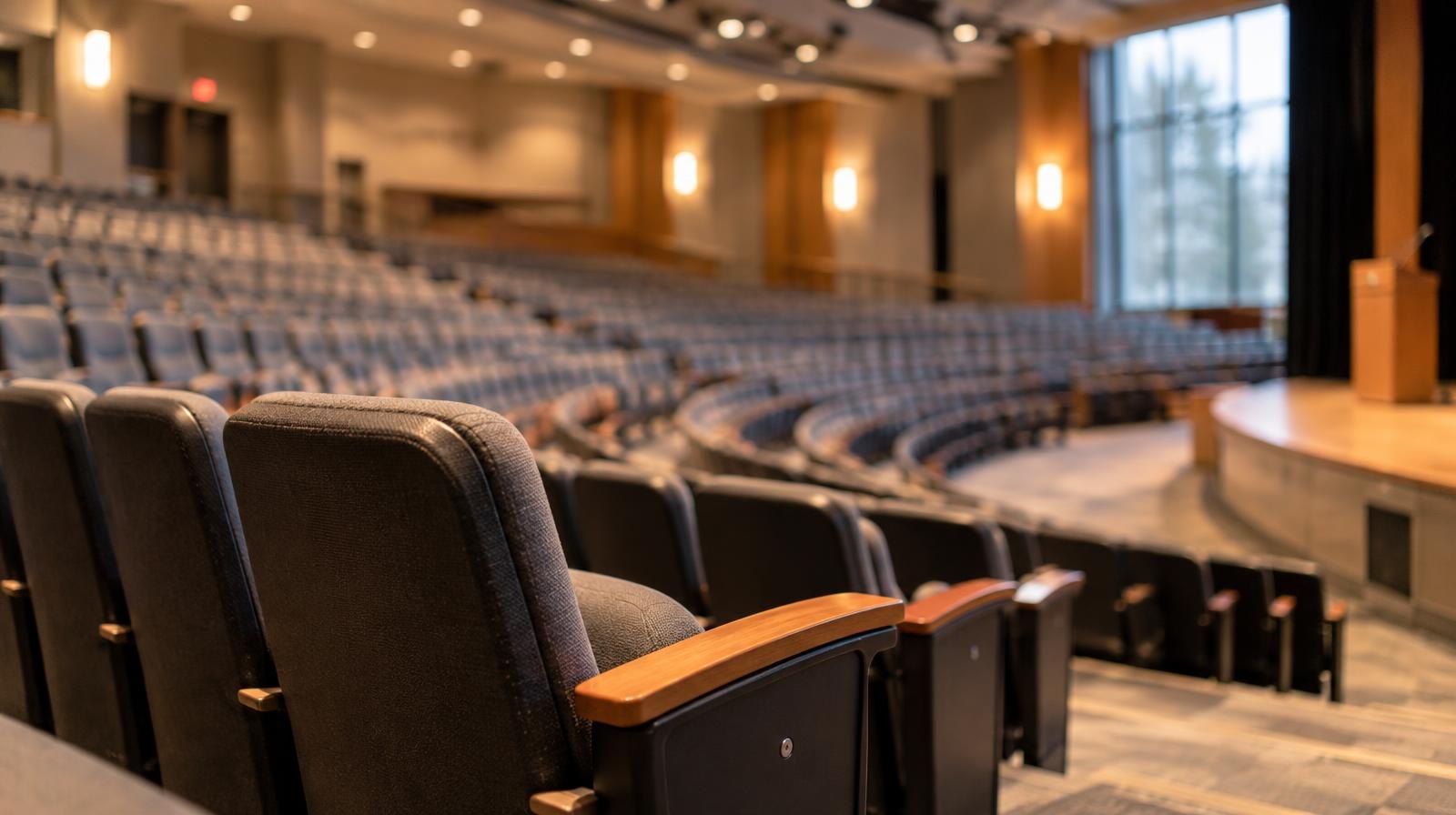 Rows of empty seats in a large modern auditorium with overhead lighting.