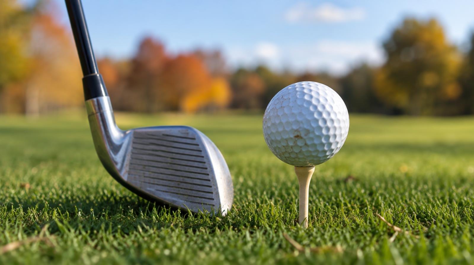 A golf ball on a tee next to an iron club head on a green fairway