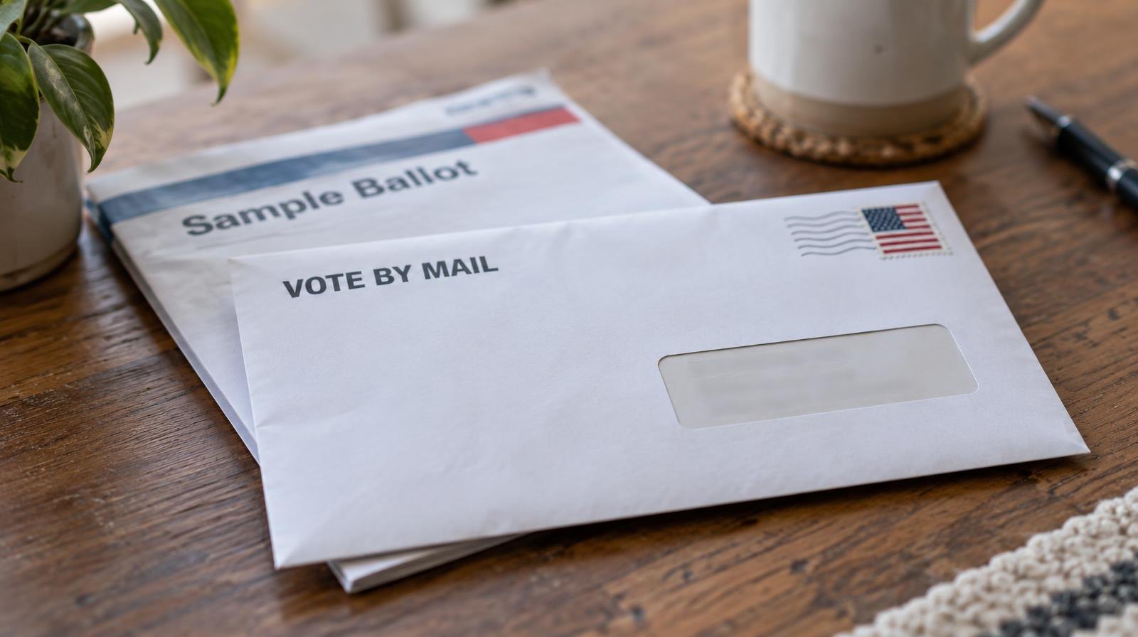 A sealed mail ballot envelope resting on a folded sample ballot pamphlet on a wooden table.