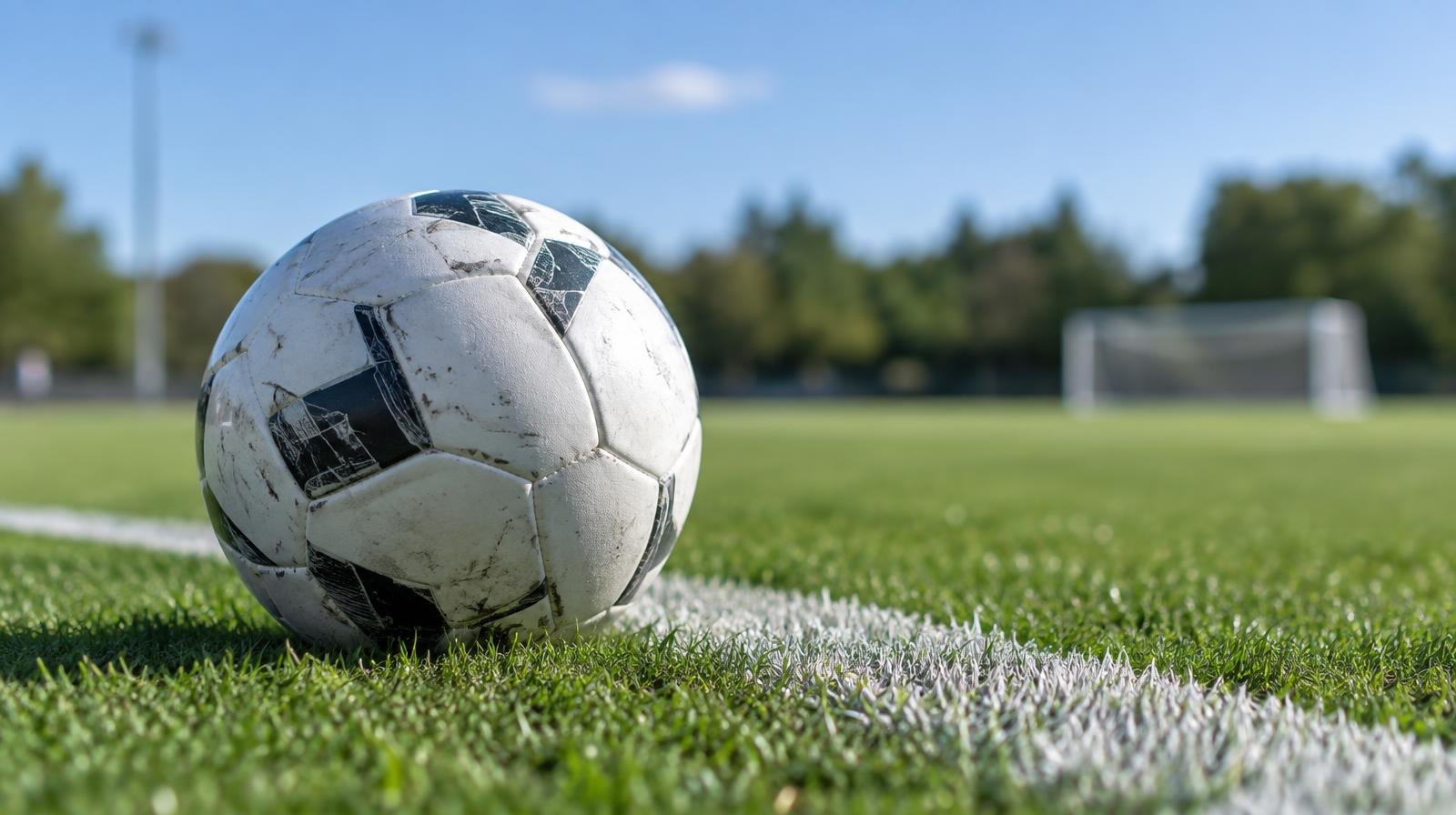 A white soccer ball on a green grass field near a white sideline.