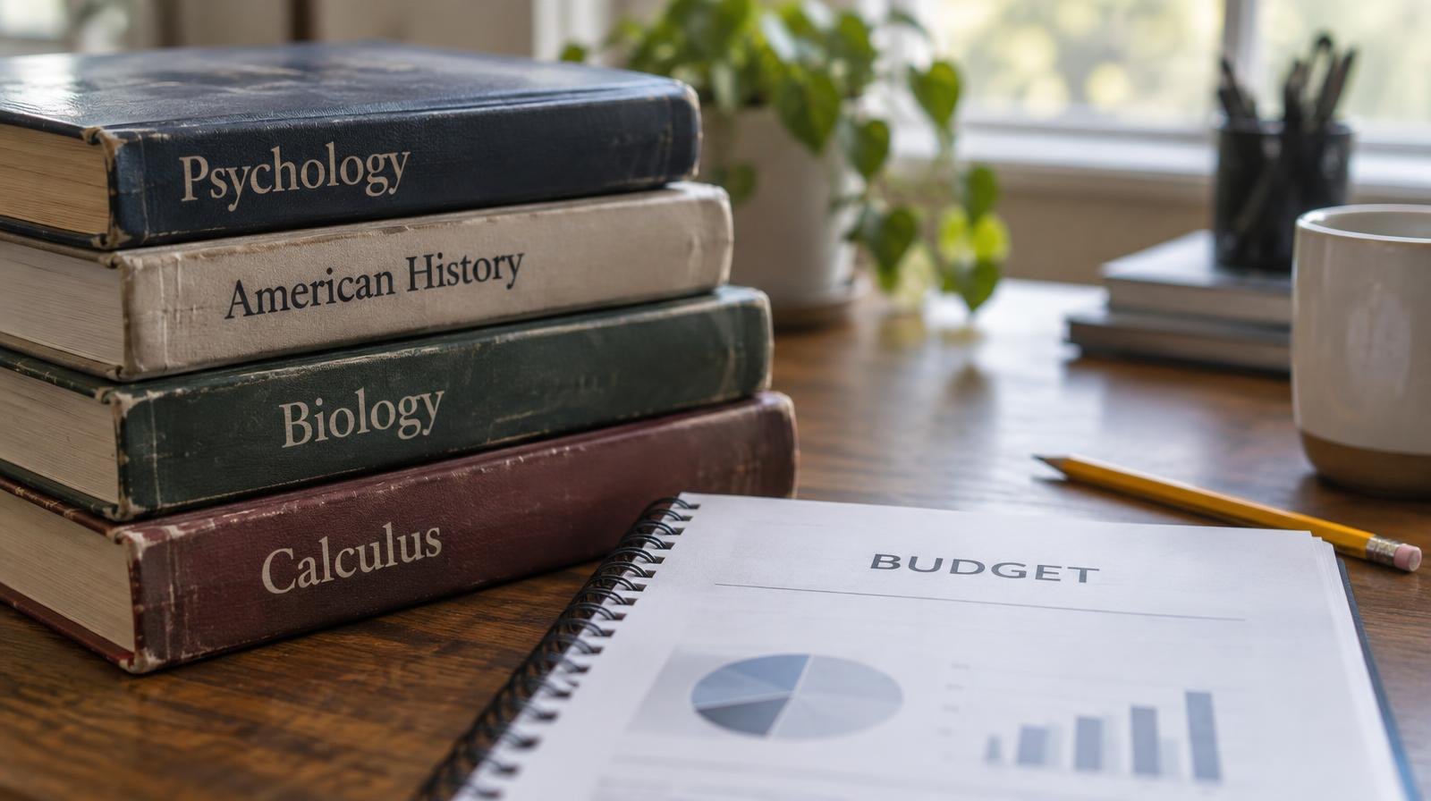 Stack of textbooks and a spiral-bound document on a wooden desk beside a pencil.