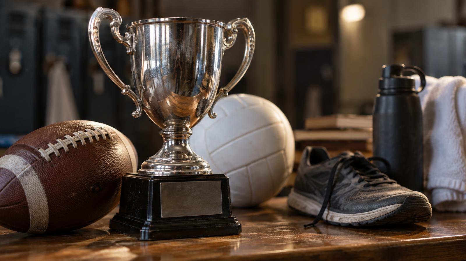 A silver trophy cup on a wooden surface surrounded by a football, volleyball, and running shoe.