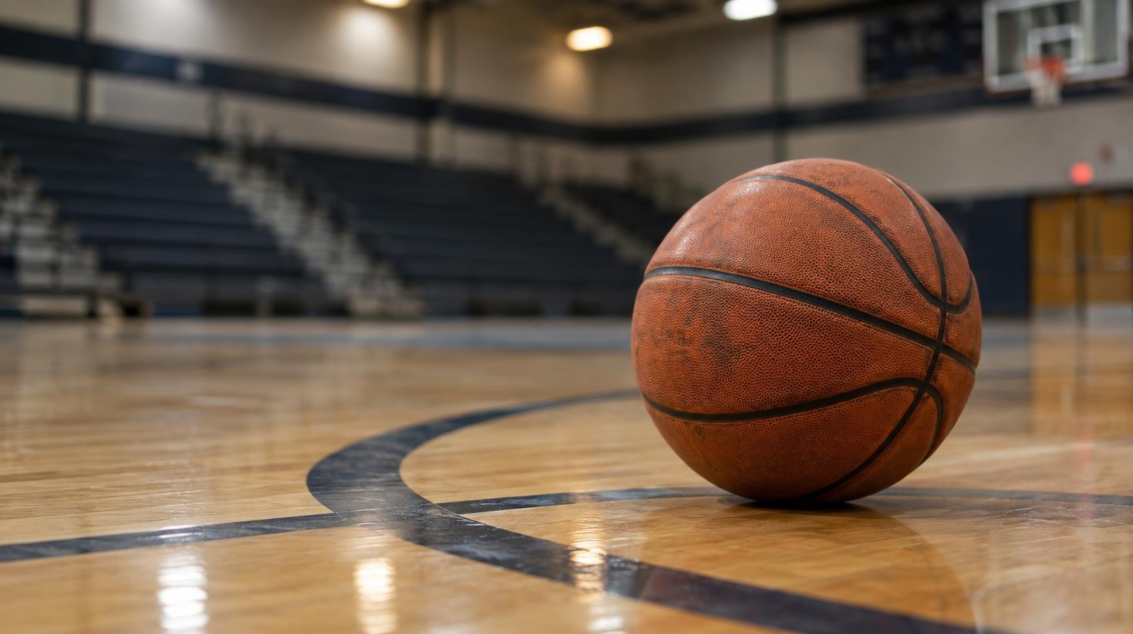 A basketball resting on a hardwood gym floor near center court.