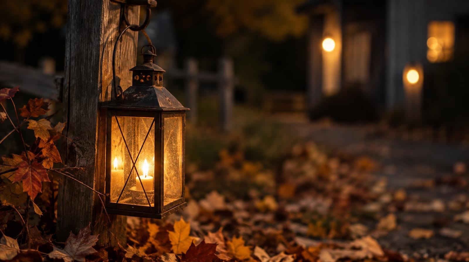 A glowing colonial lantern on a wooden post surrounded by fallen autumn leaves at night.
