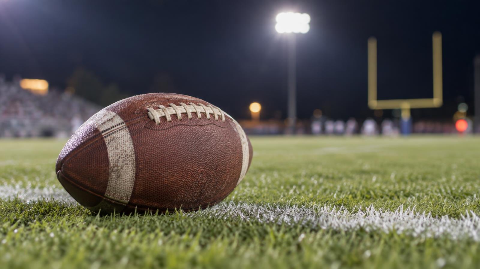 An American football resting on green grass beside a white painted yard line.