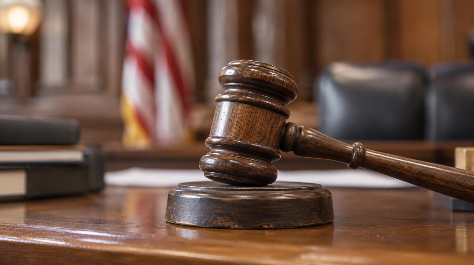 A wooden gavel resting on its sound block on a courtroom bench.
