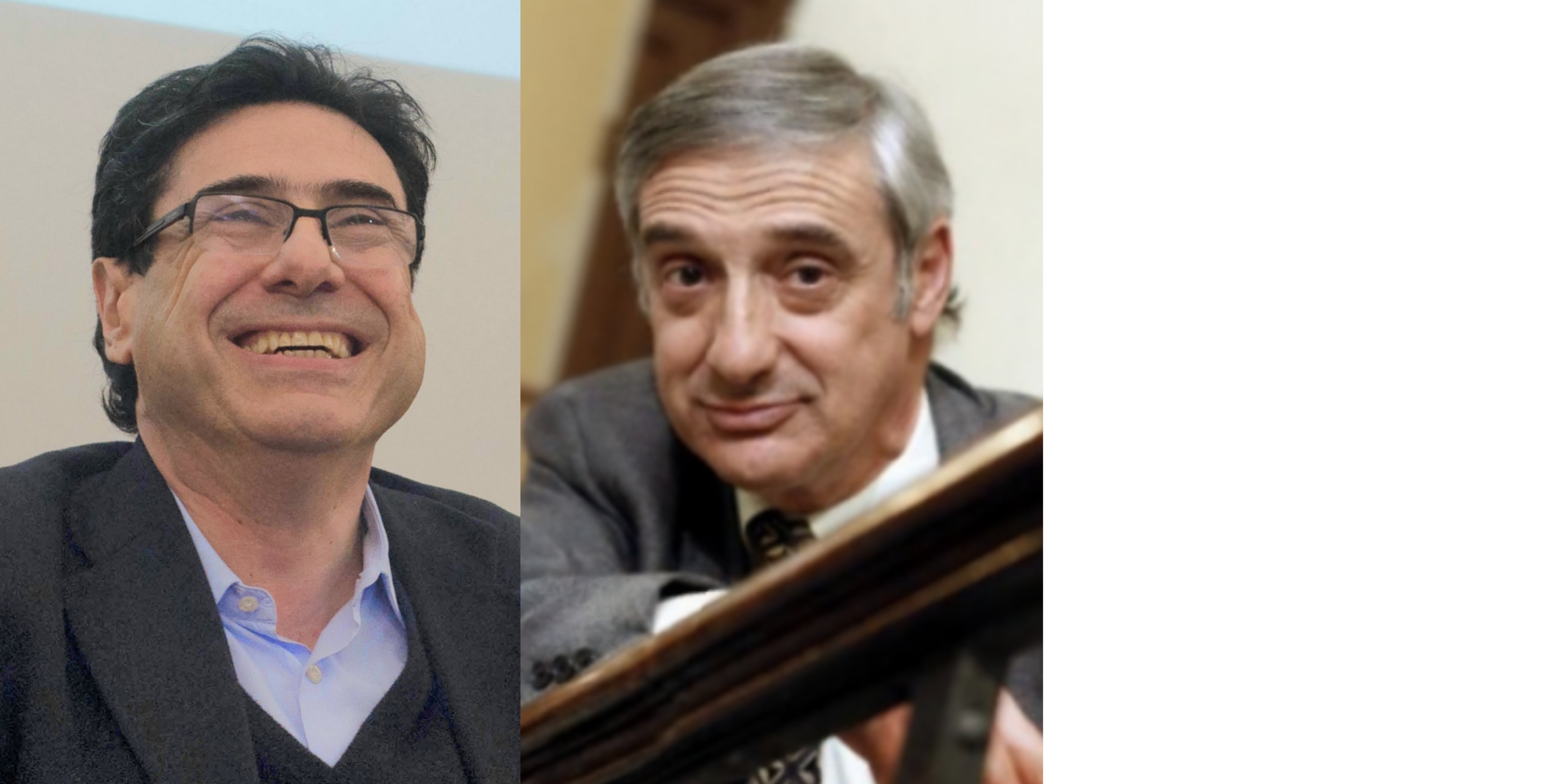 Two men in side-by-side photos: one wearing glasses and laughing, the other in a formal indoor setting with a slight smile.