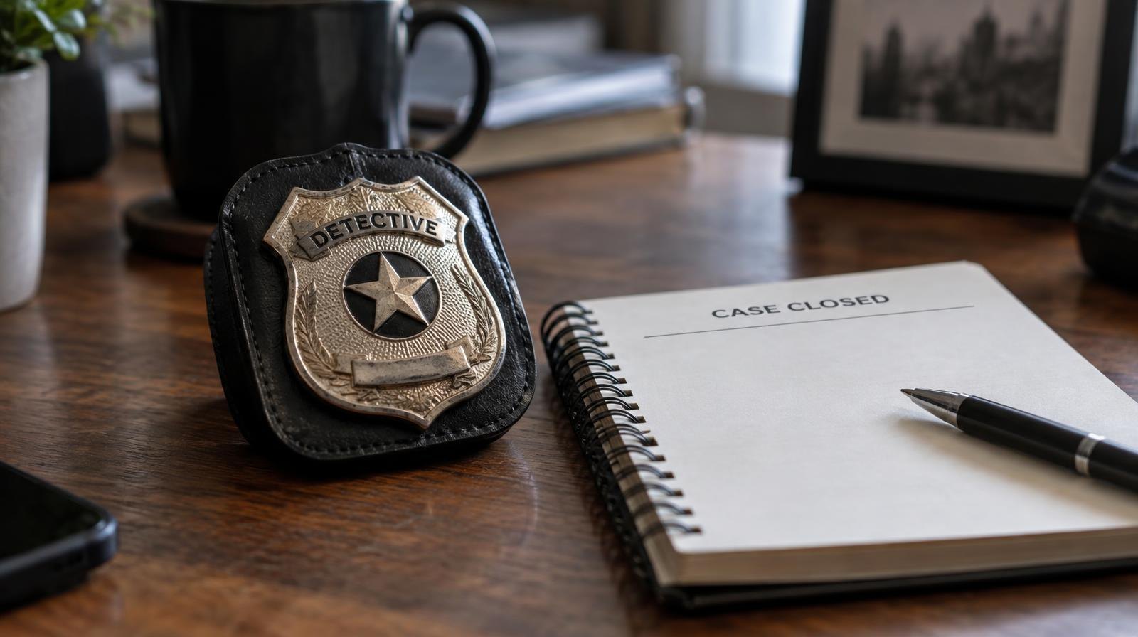 A police badge and open notepad resting on a wooden desk.