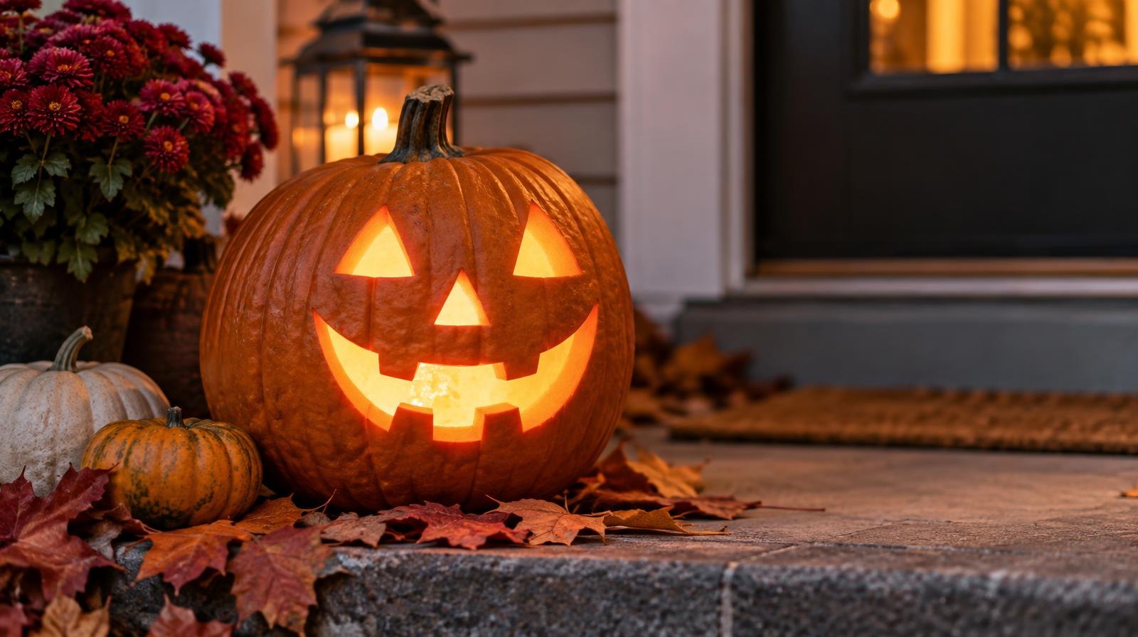 A glowing carved pumpkin on a porch step surrounded by autumn leaves and small pumpkins.