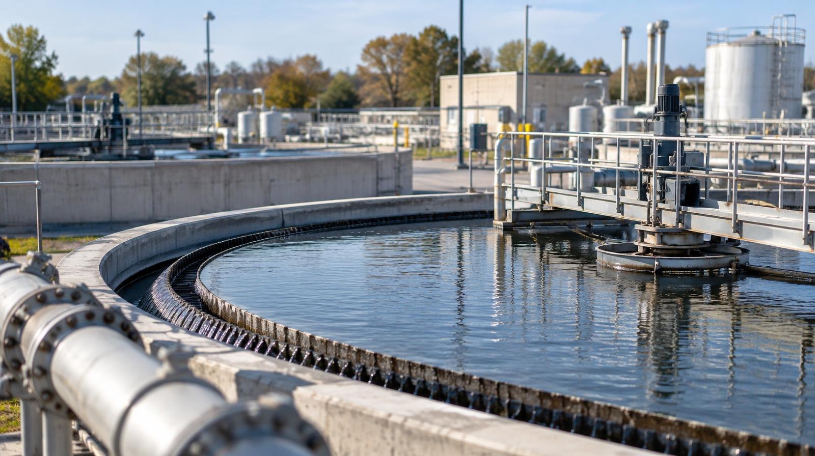 Aerial view of circular clarifier tanks and industrial piping at a wastewater treatment plant.