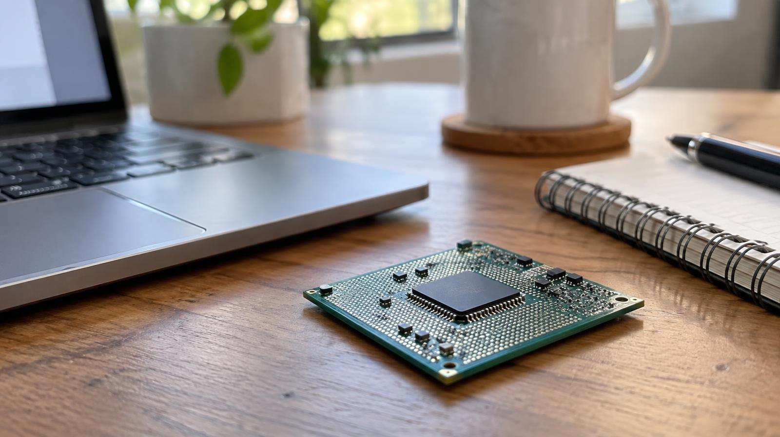 A microprocessor circuit board resting on a desk beside a laptop keyboard.