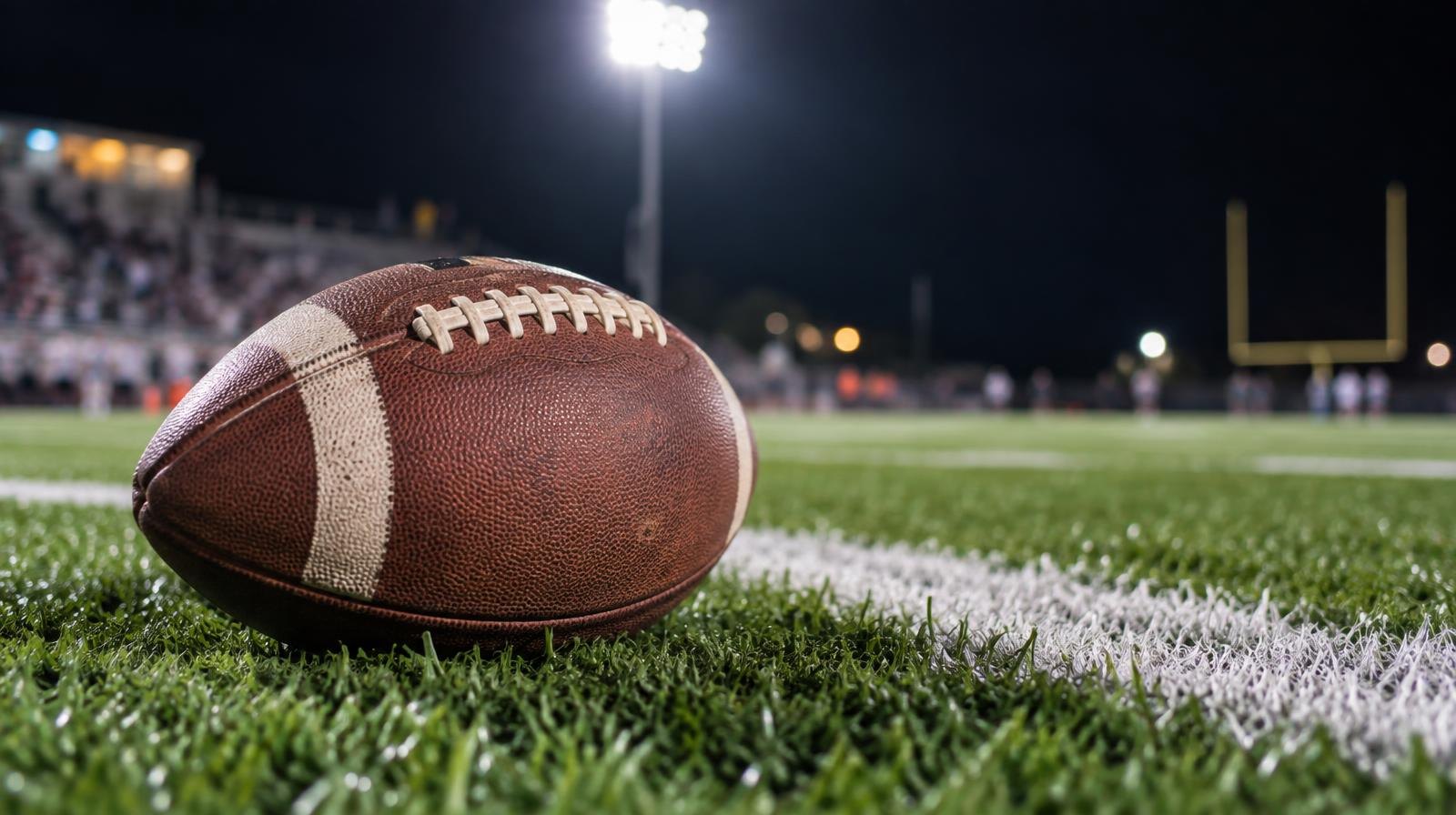 An American football resting on green grass near a white yard line under bright lights.