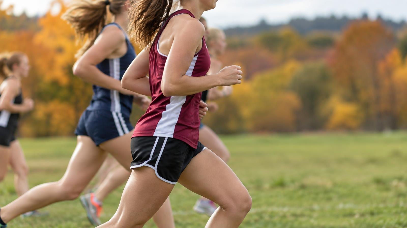 Female runners racing across a grass course with fall foliage in the background.