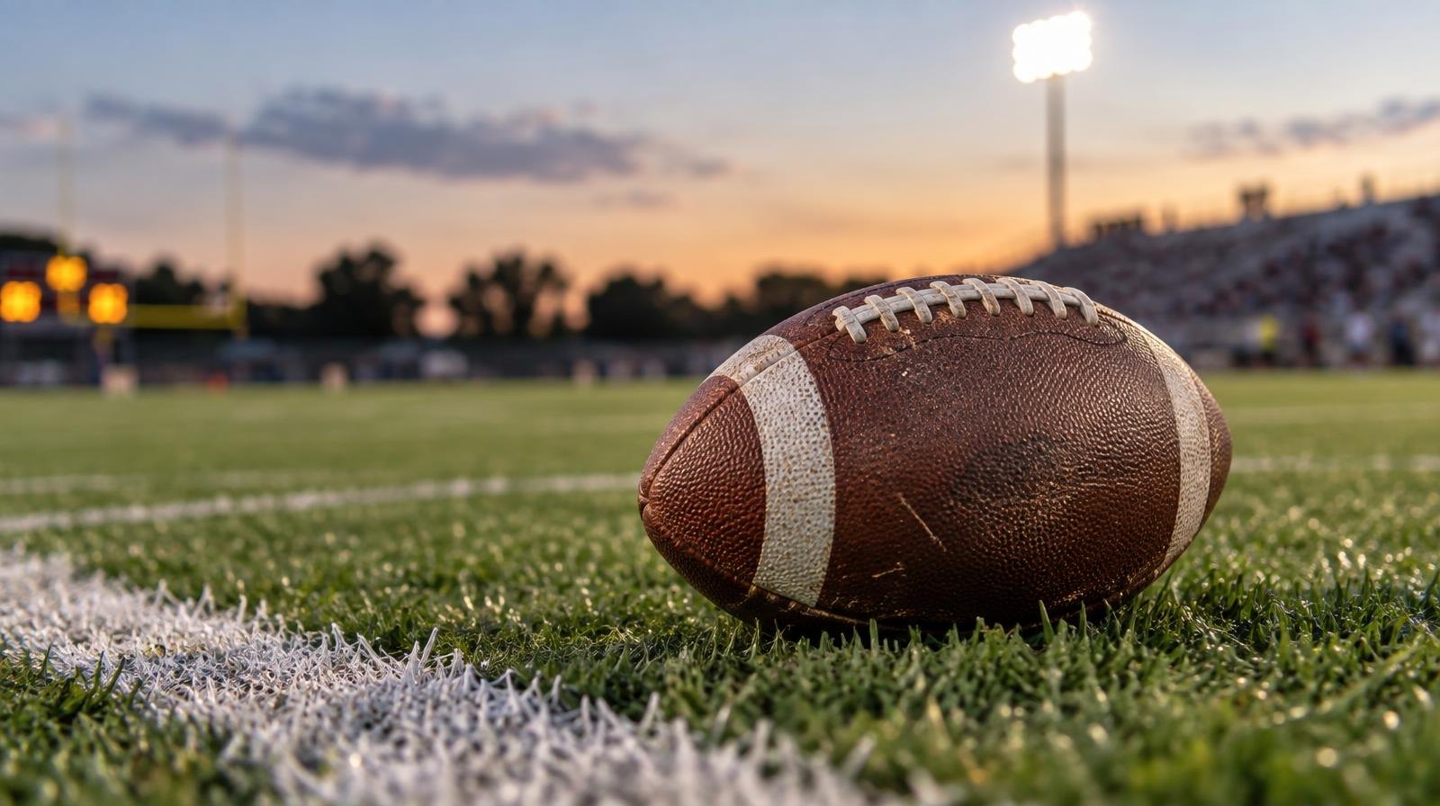 An American football resting on green grass beside a white yard line.