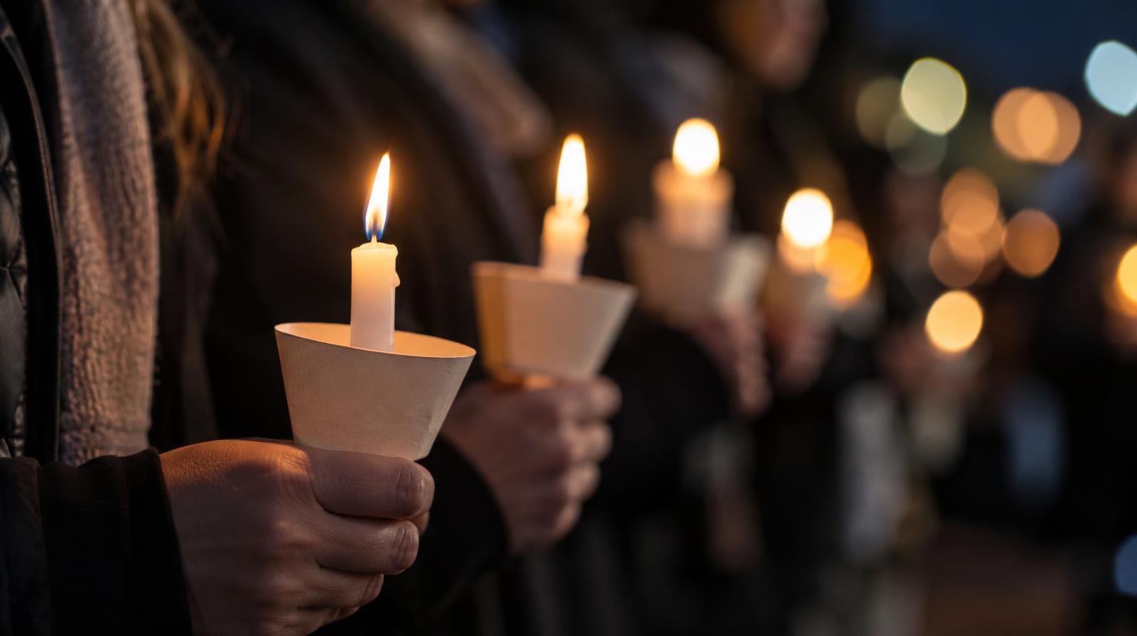 A row of lit white candles in paper holders glowing softly in the dark.