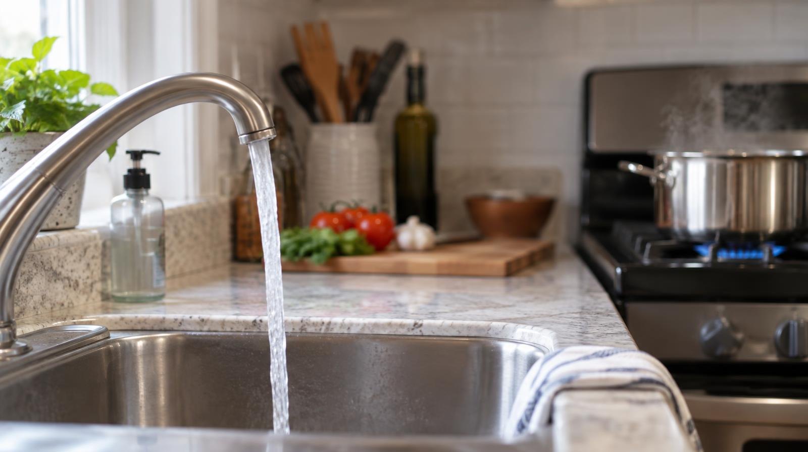 Water running from a faucet into a pot on a lit stovetop burner.