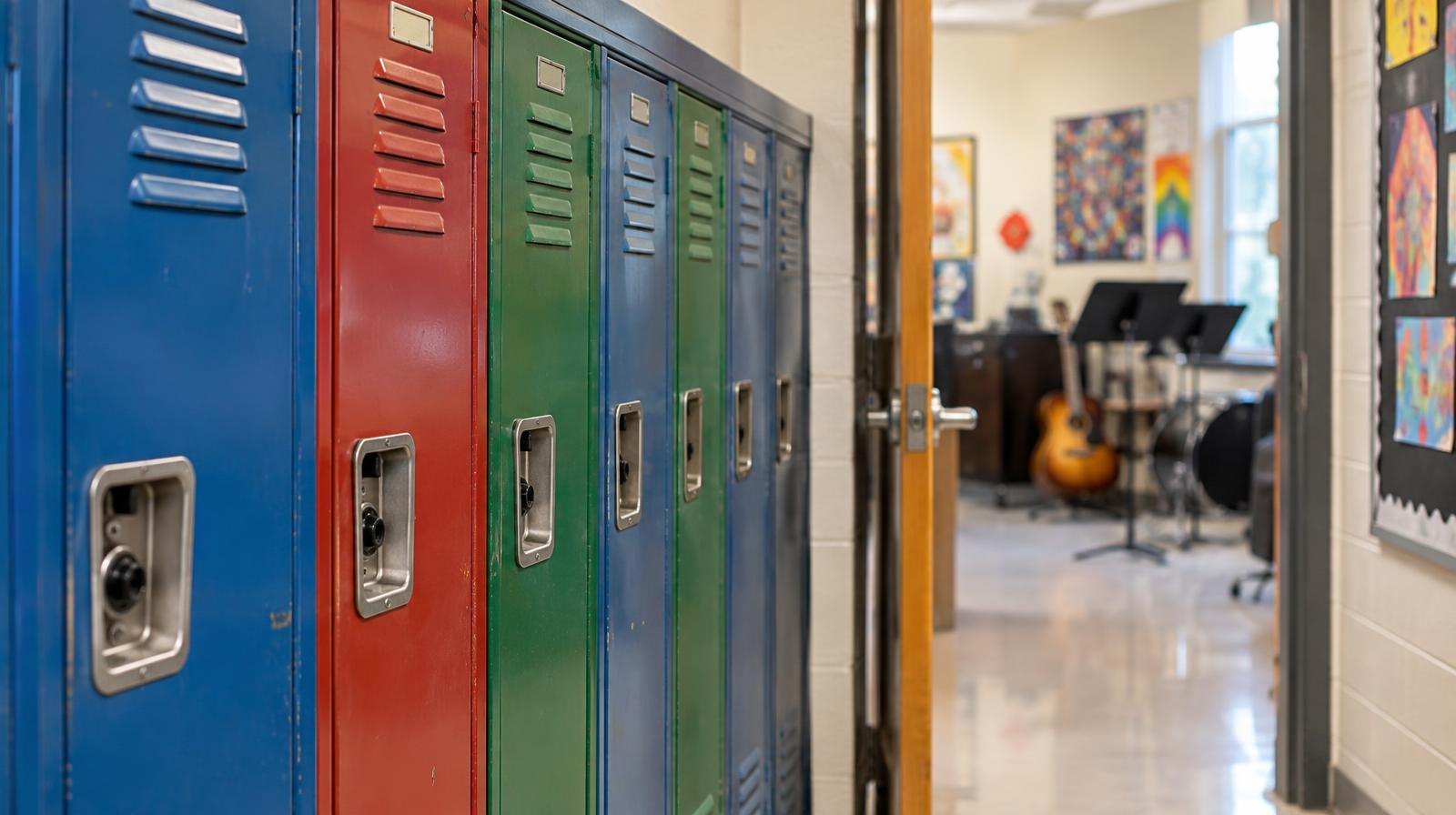 Colorful student lockers in a bright middle school hallway with a classroom door open.