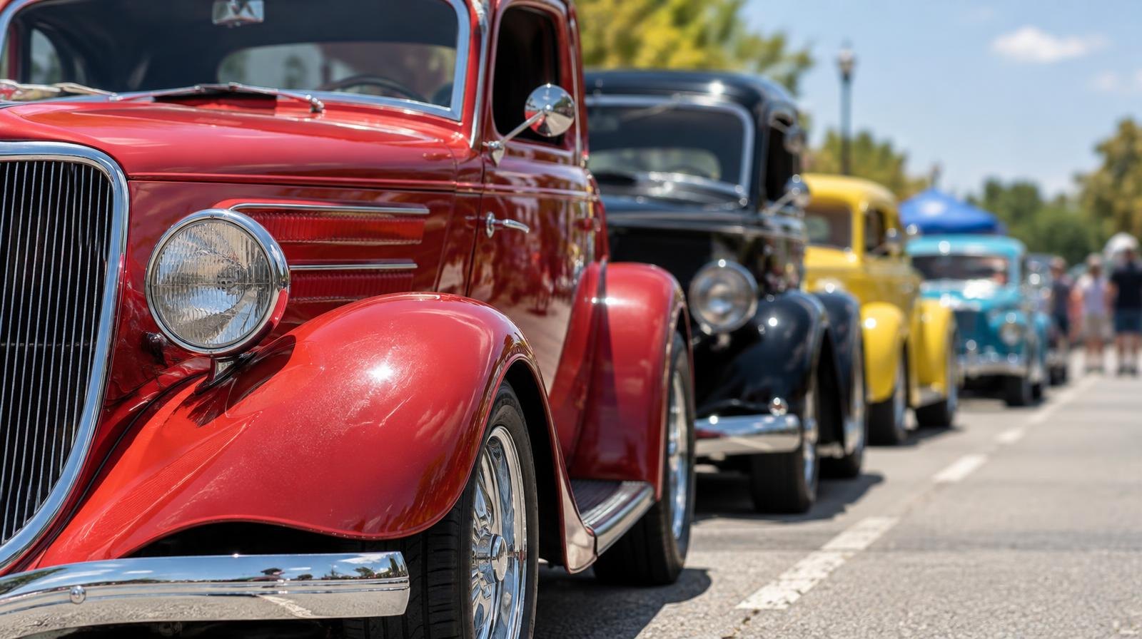 A row of polished classic hot rods parked along a sunny street.