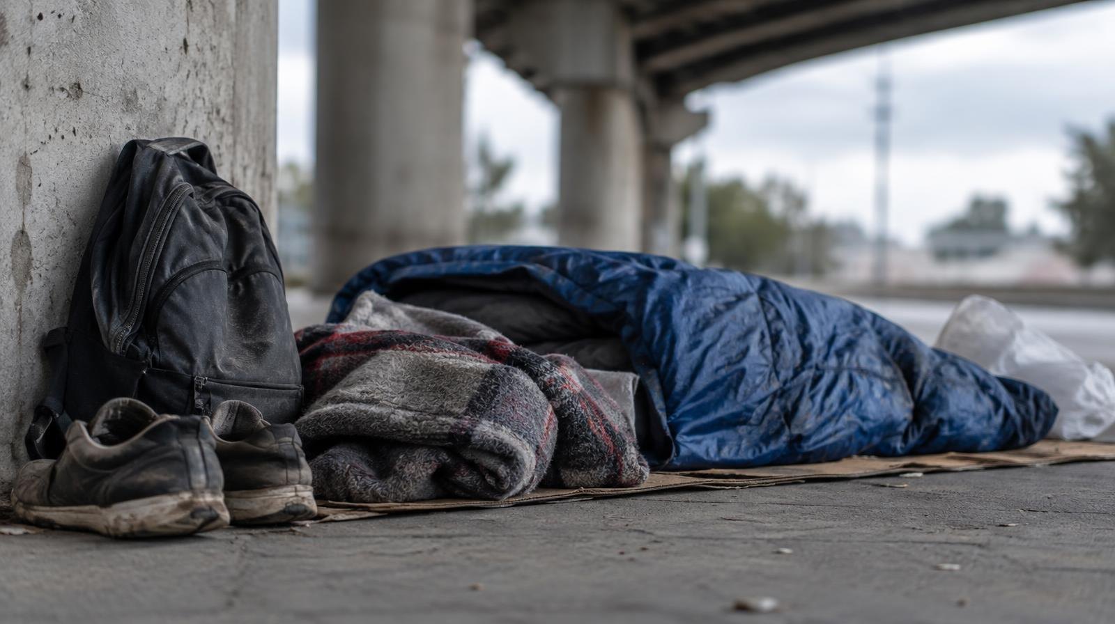 A worn sleeping bag and blanket on concrete beneath an overpass, with a backpack nearby.