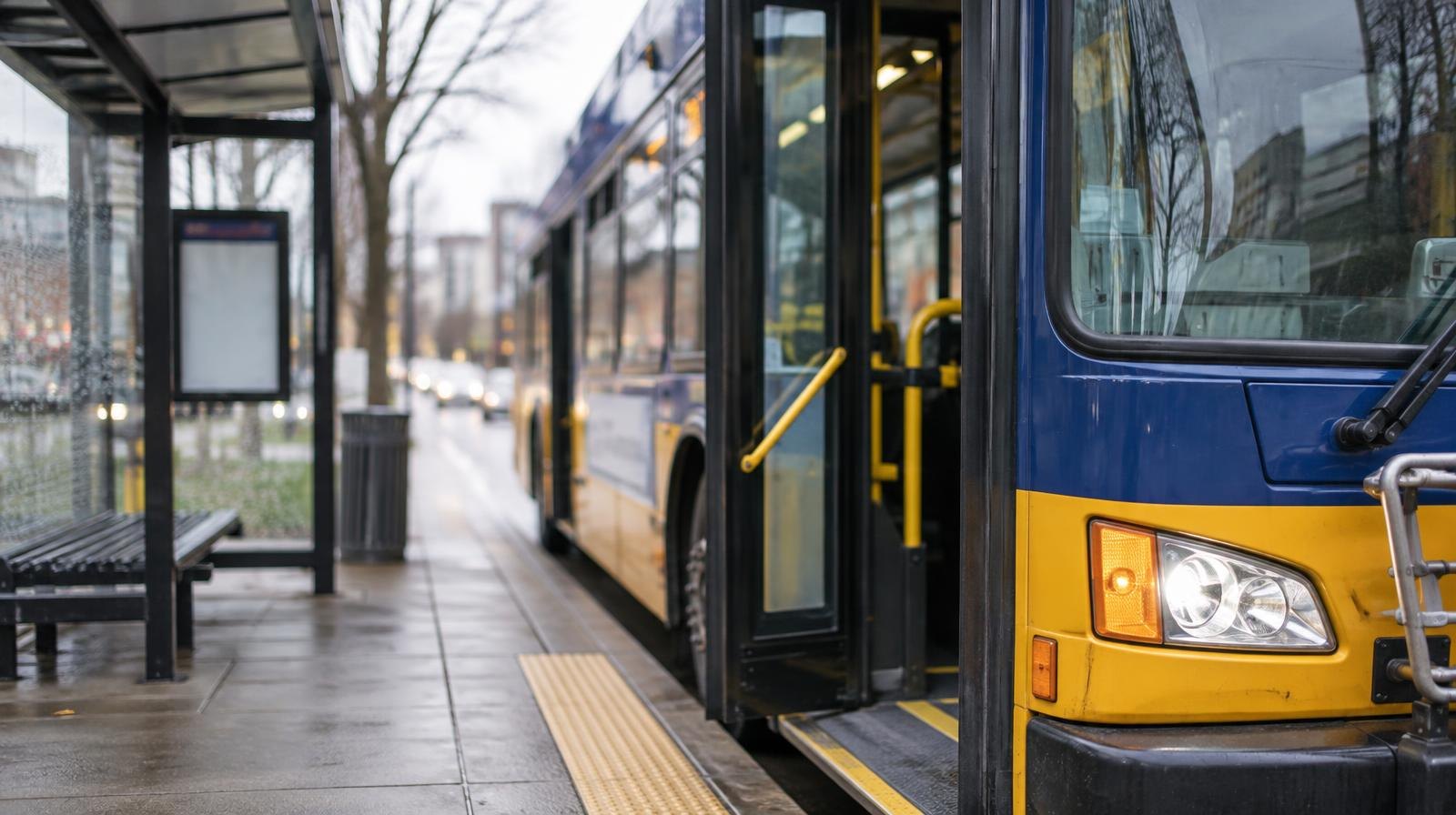 A transit bus with open doors parked at a covered bus shelter on an urban street.
