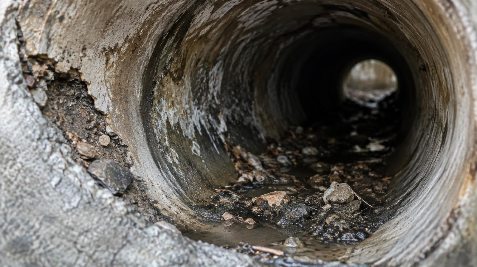 Interior of a large corroded concrete pipe with debris and mineral deposits on the walls.