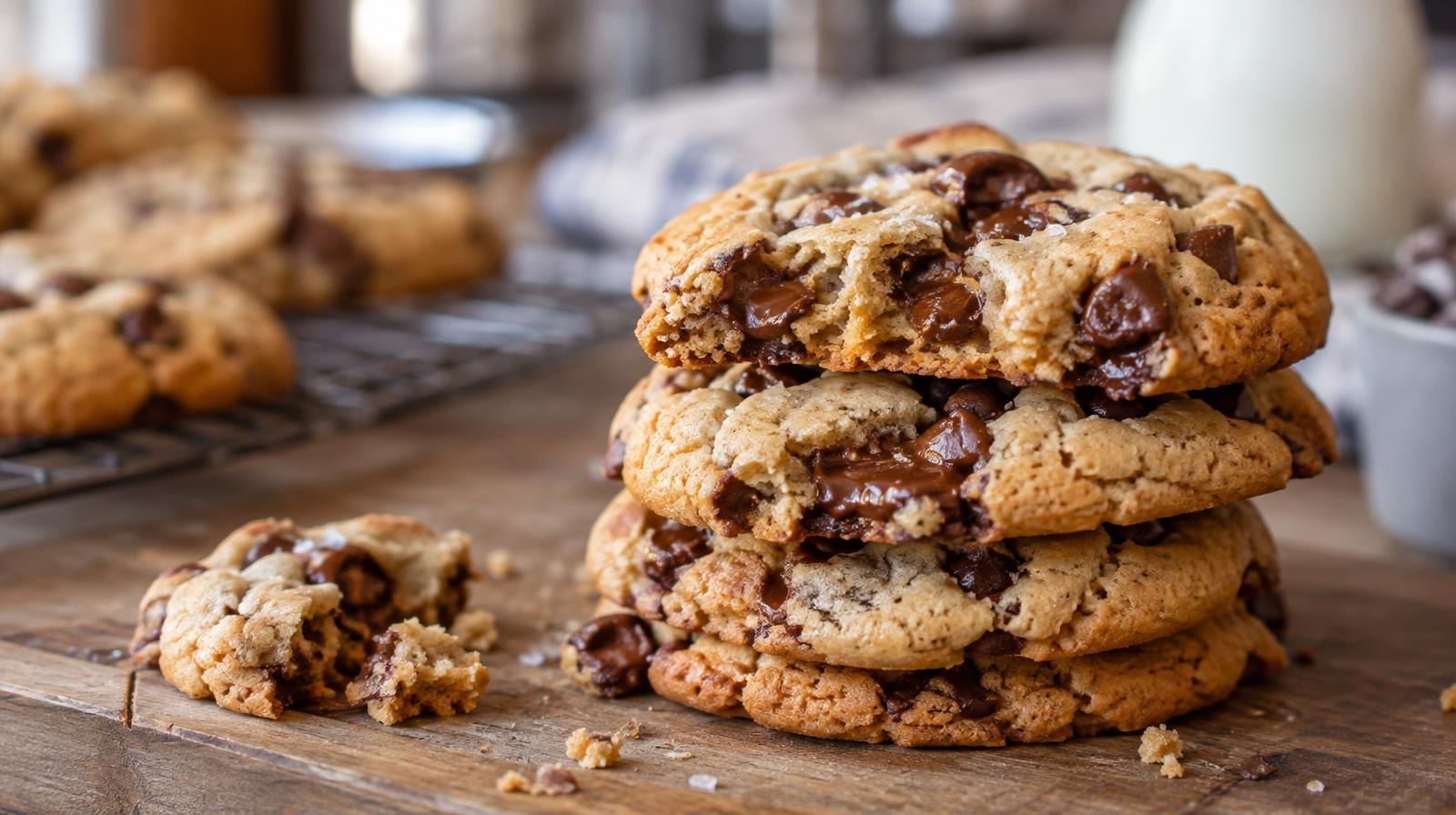 Stack of large gooey chocolate chip cookies on a wooden surface.
