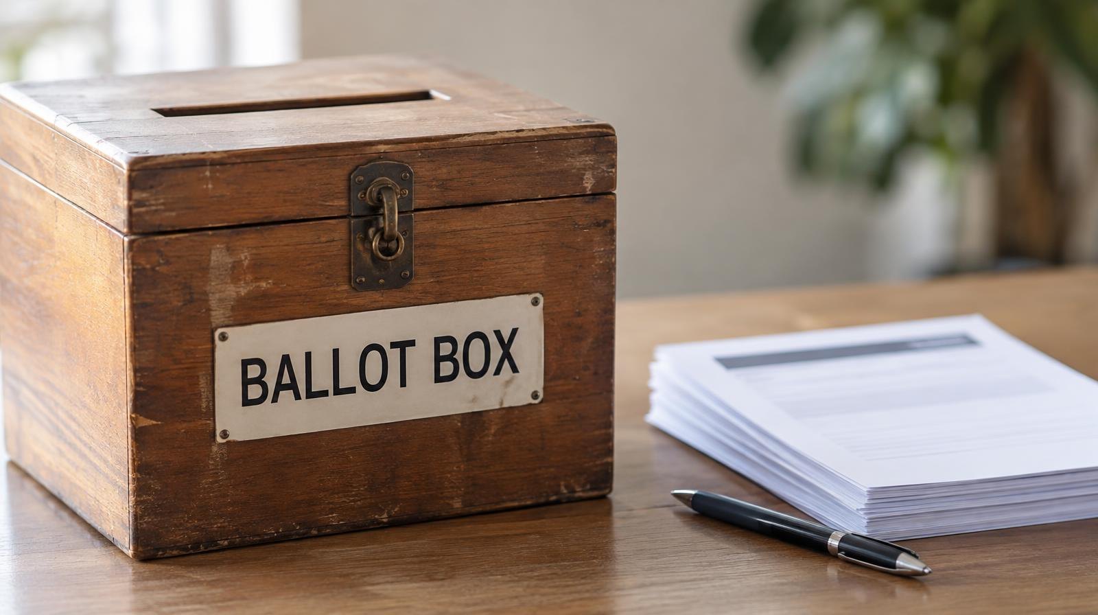 Wooden ballot box and stacked papers with a pen on a plain table.