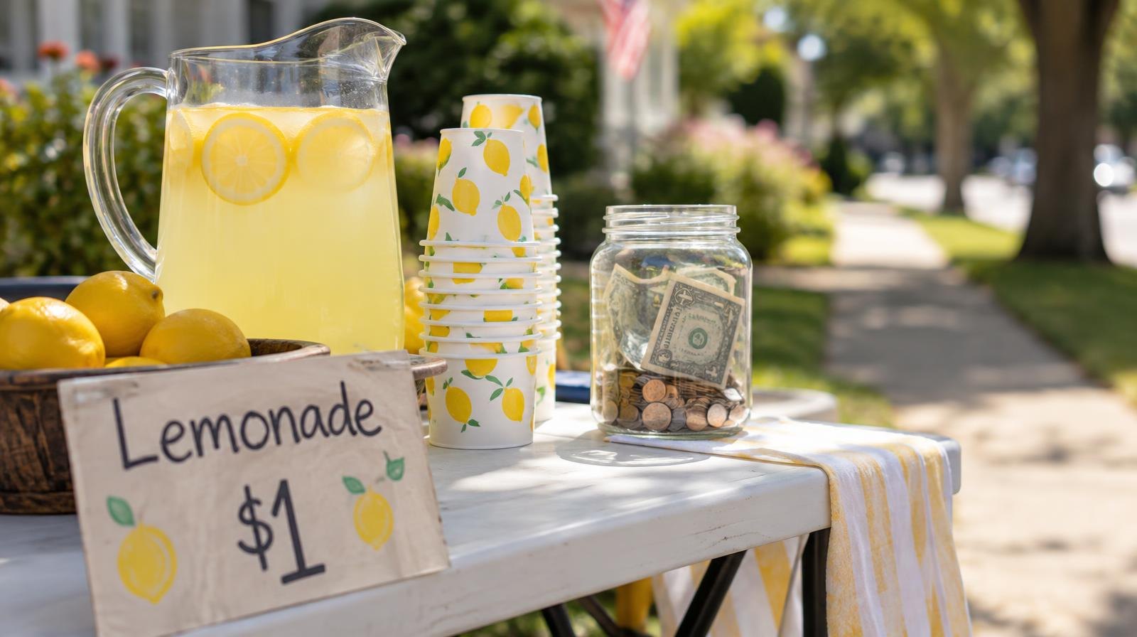 A lemonade stand with a pitcher, cups, and a jar of coins on a folding table.