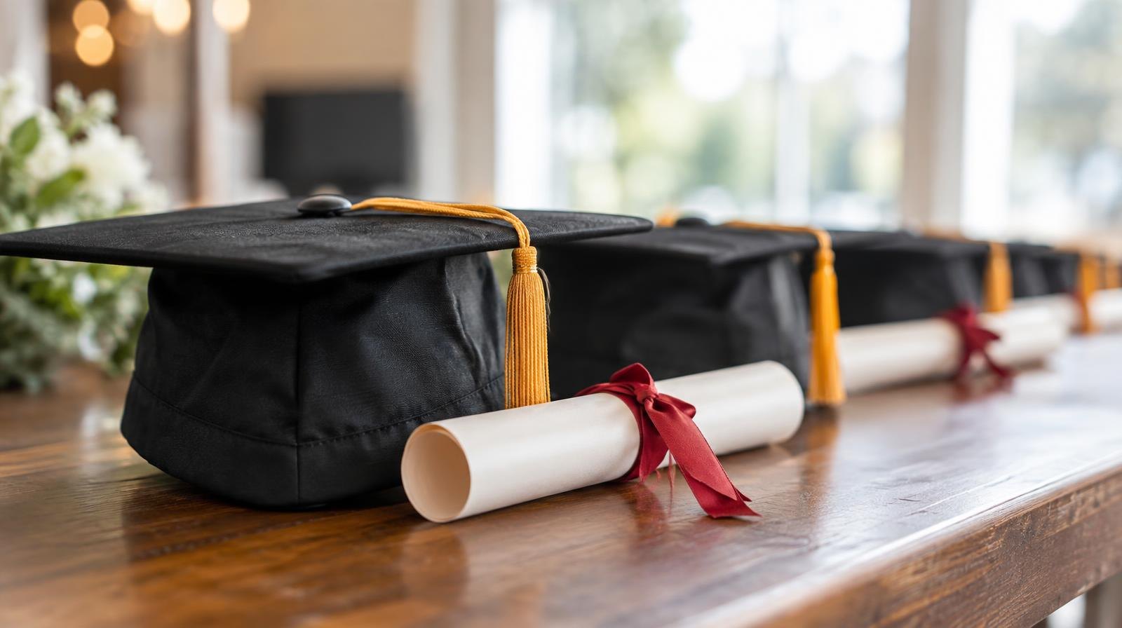 Several graduation caps and rolled diplomas resting on a wooden table.