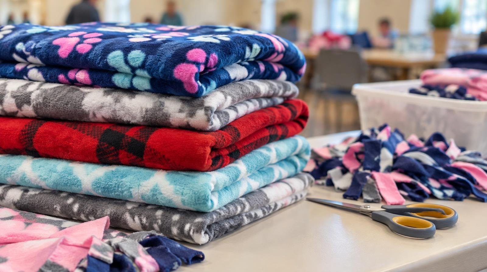 Stacked colorful fleece blankets beside scissors and cut fabric strips on a table.