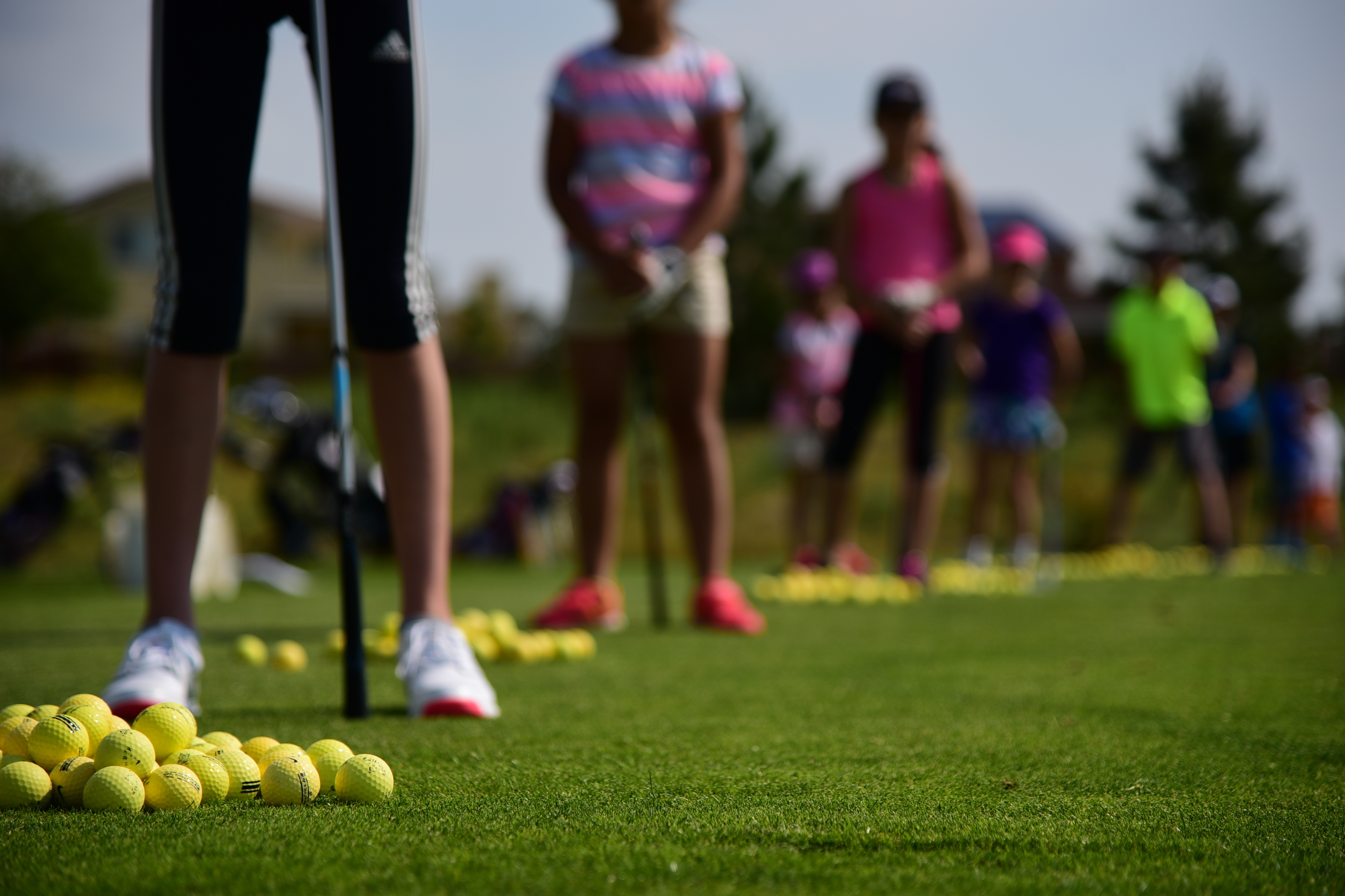 Several young golfers lined up on a grass driving range, clubs in hand.