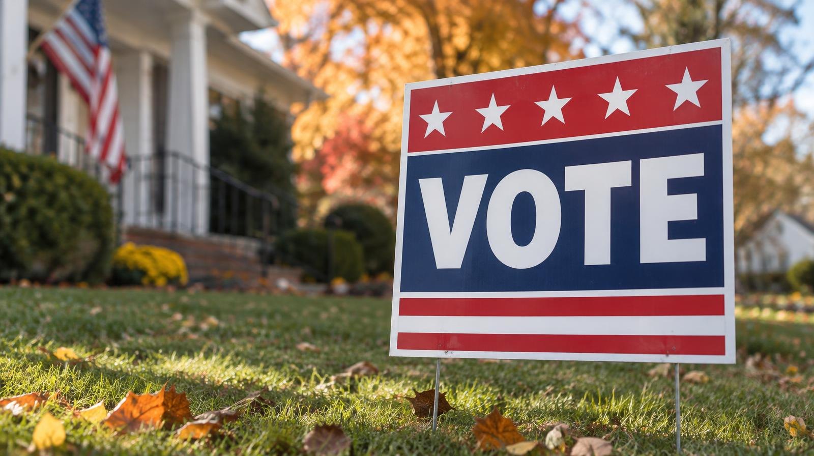 A campaign yard sign planted in a green lawn with autumn foliage in the background.