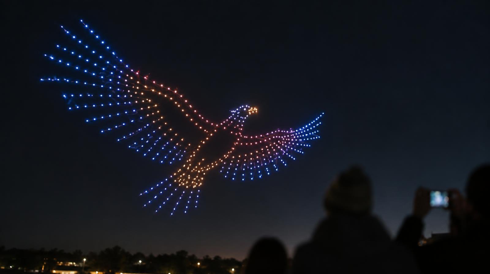 Dozens of illuminated drones forming a glowing pattern against a dark night sky.