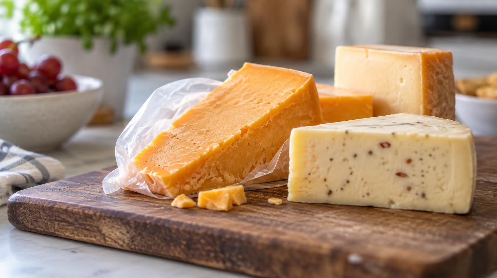Wedges and blocks of cheddar and jack cheese on a wooden cutting board.