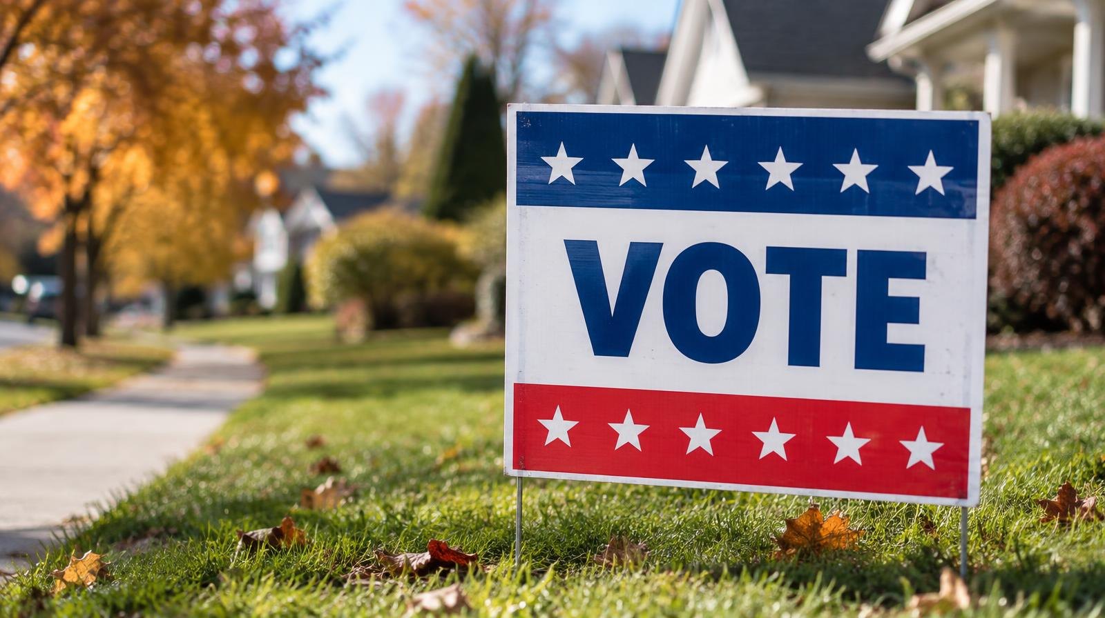 A campaign yard sign planted in a green lawn in a residential neighborhood.