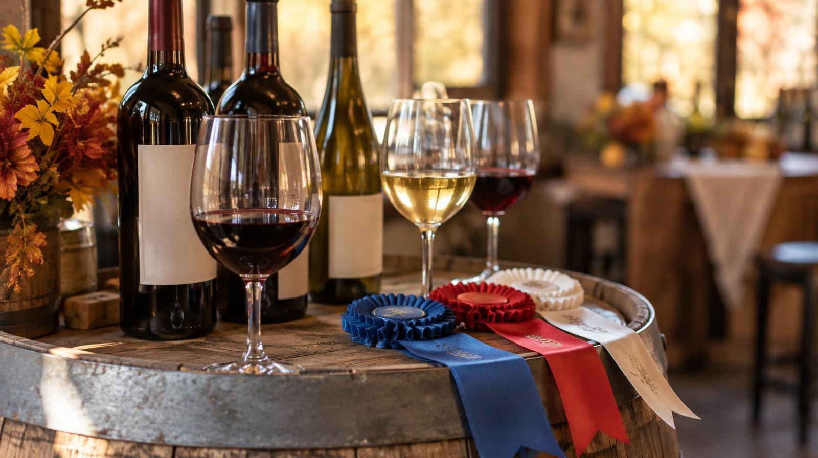Wine bottles and glasses on a wooden barrel with colorful ribbons draped nearby.