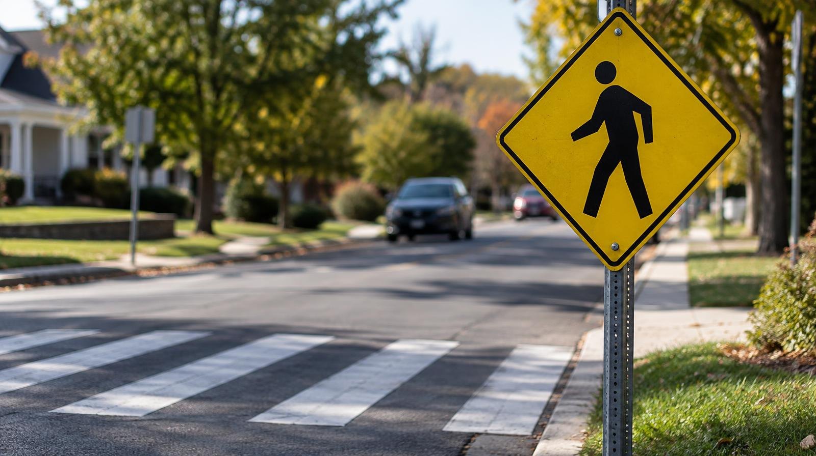 White-striped crosswalk and yellow pedestrian crossing sign on a sunny street.