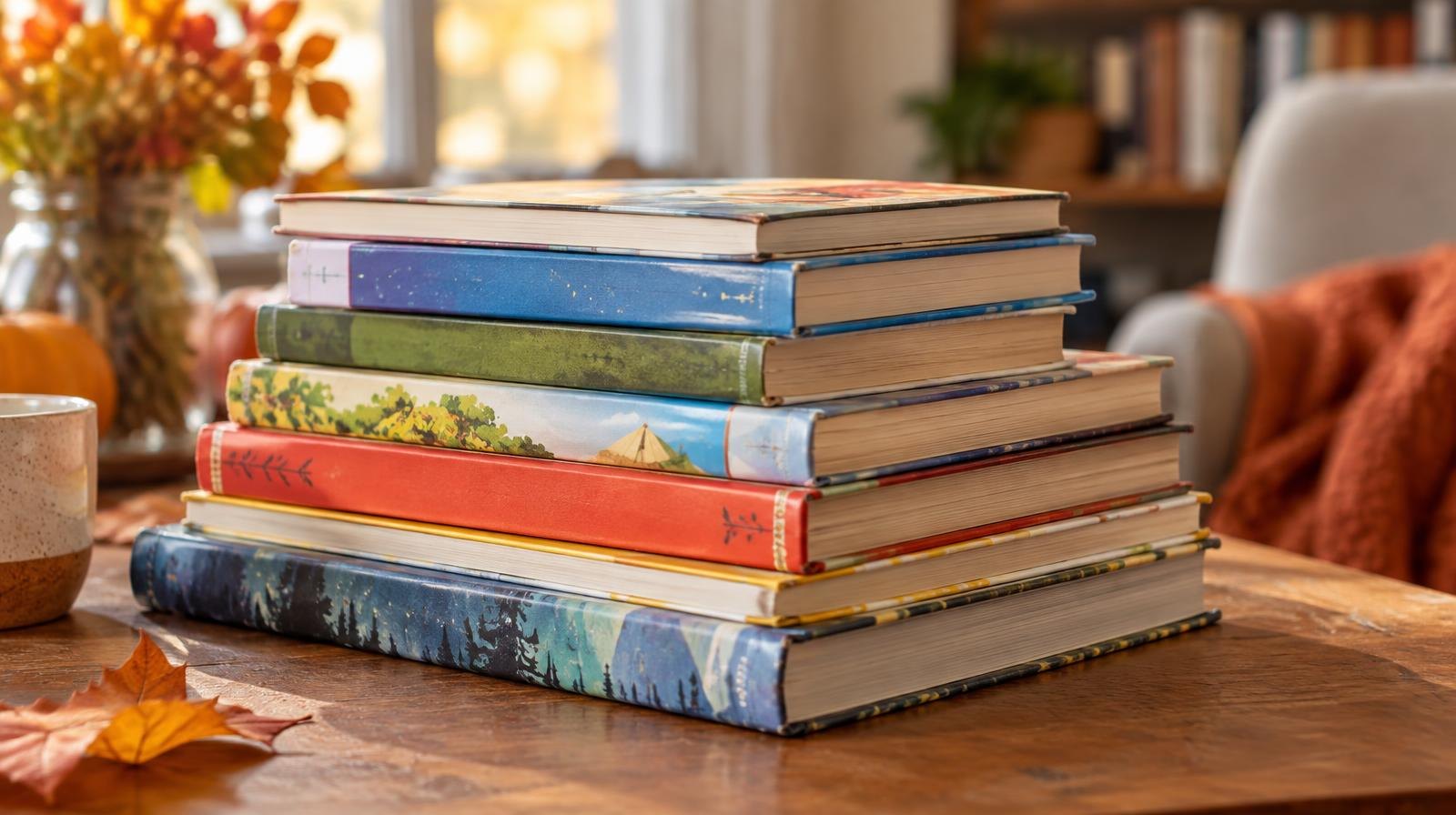 Colorful stack of children's books piled on a wooden surface in warm indoor light.