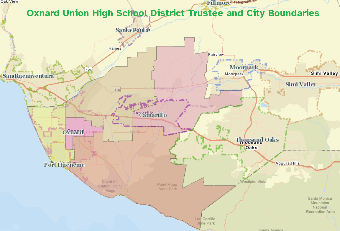 Color-coded map showing school district trustee boundaries across Ventura County cities.