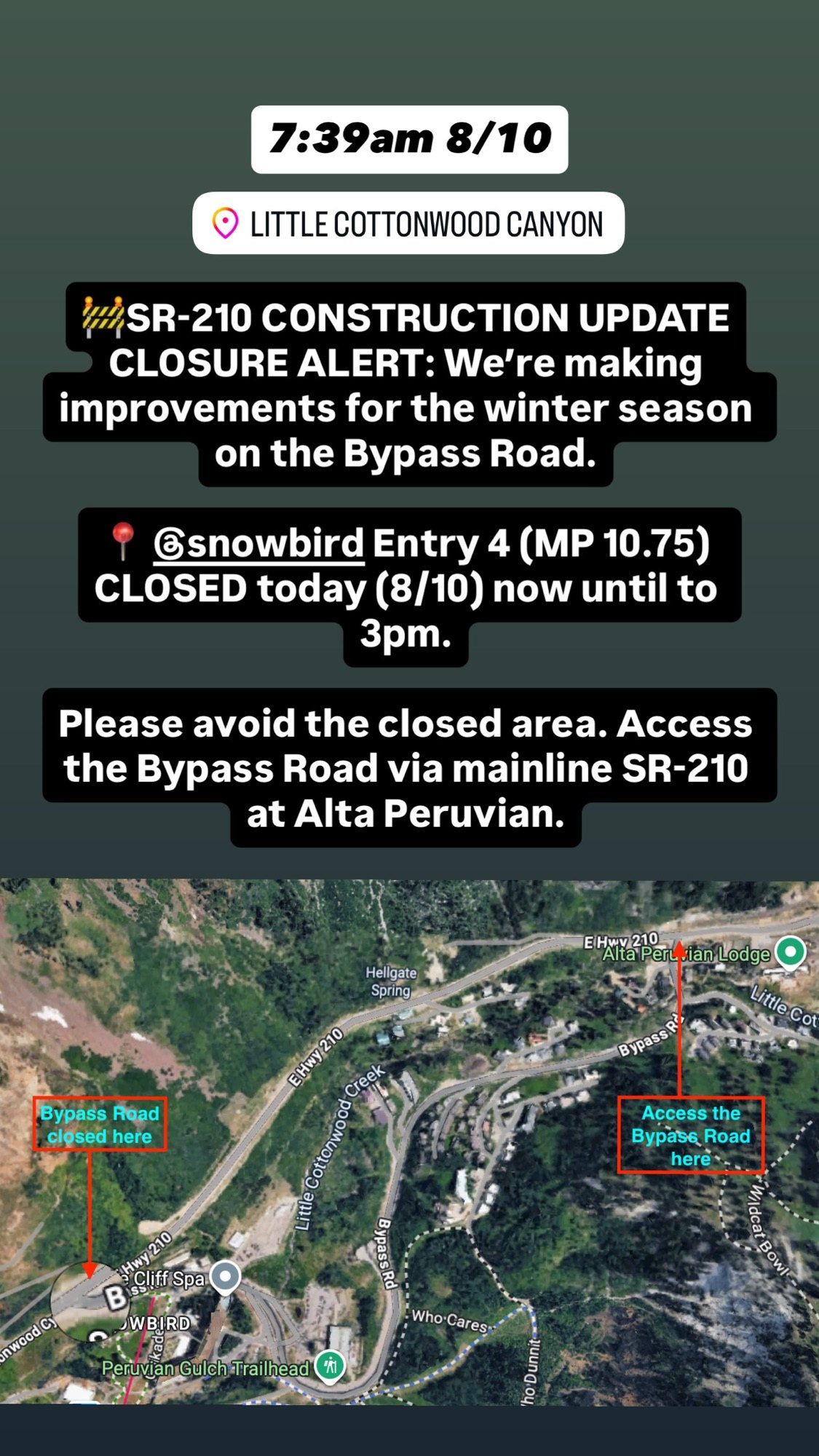 UDOT closure alert screenshot with satellite map showing SR-210 bypass road and alternate access point.