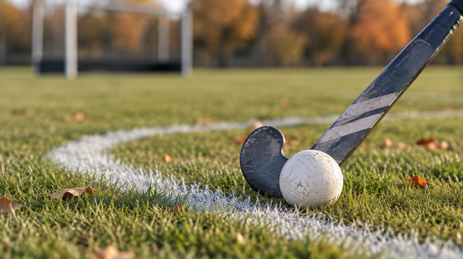 A field hockey stick and ball resting on green grass.