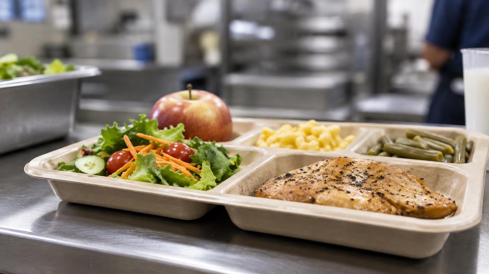 Institutional food tray with compartments holding a salad and other meal items on a stainless steel surface.