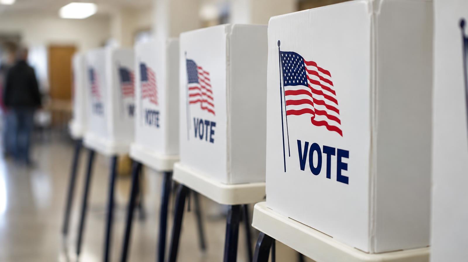 A row of voting booths with privacy screens inside a polling place.