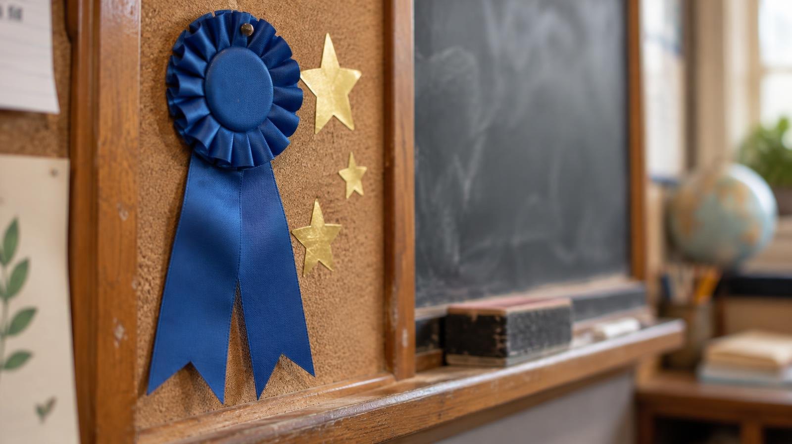A blue ribbon award pinned to a wooden school bulletin board with gold star stickers.