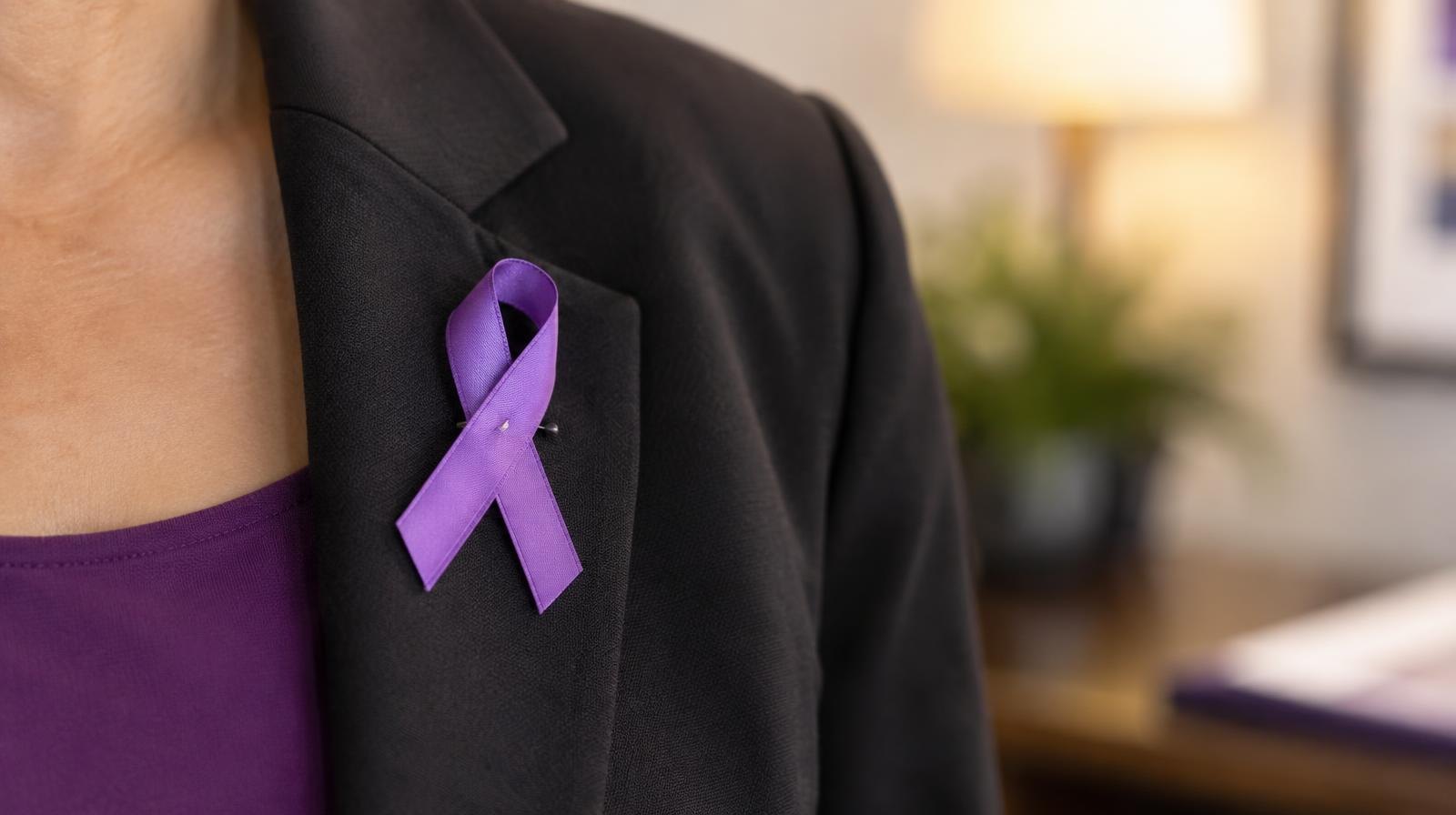 A purple ribbon pinned to a lapel against a neutral background.