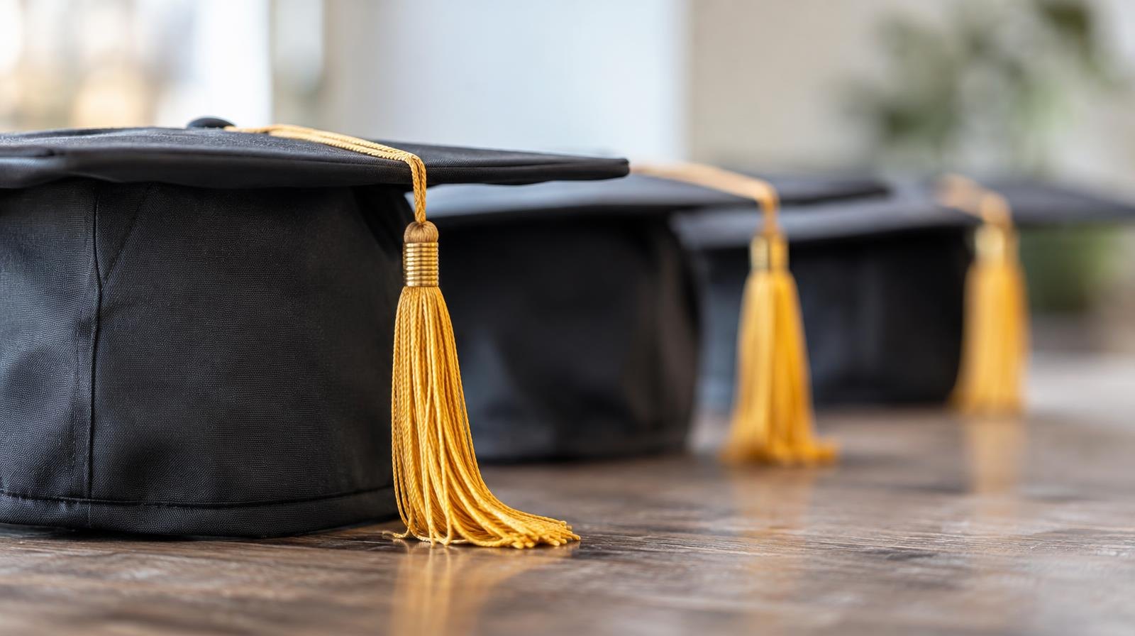 A row of graduation mortarboard caps with tassels arranged on a flat surface.