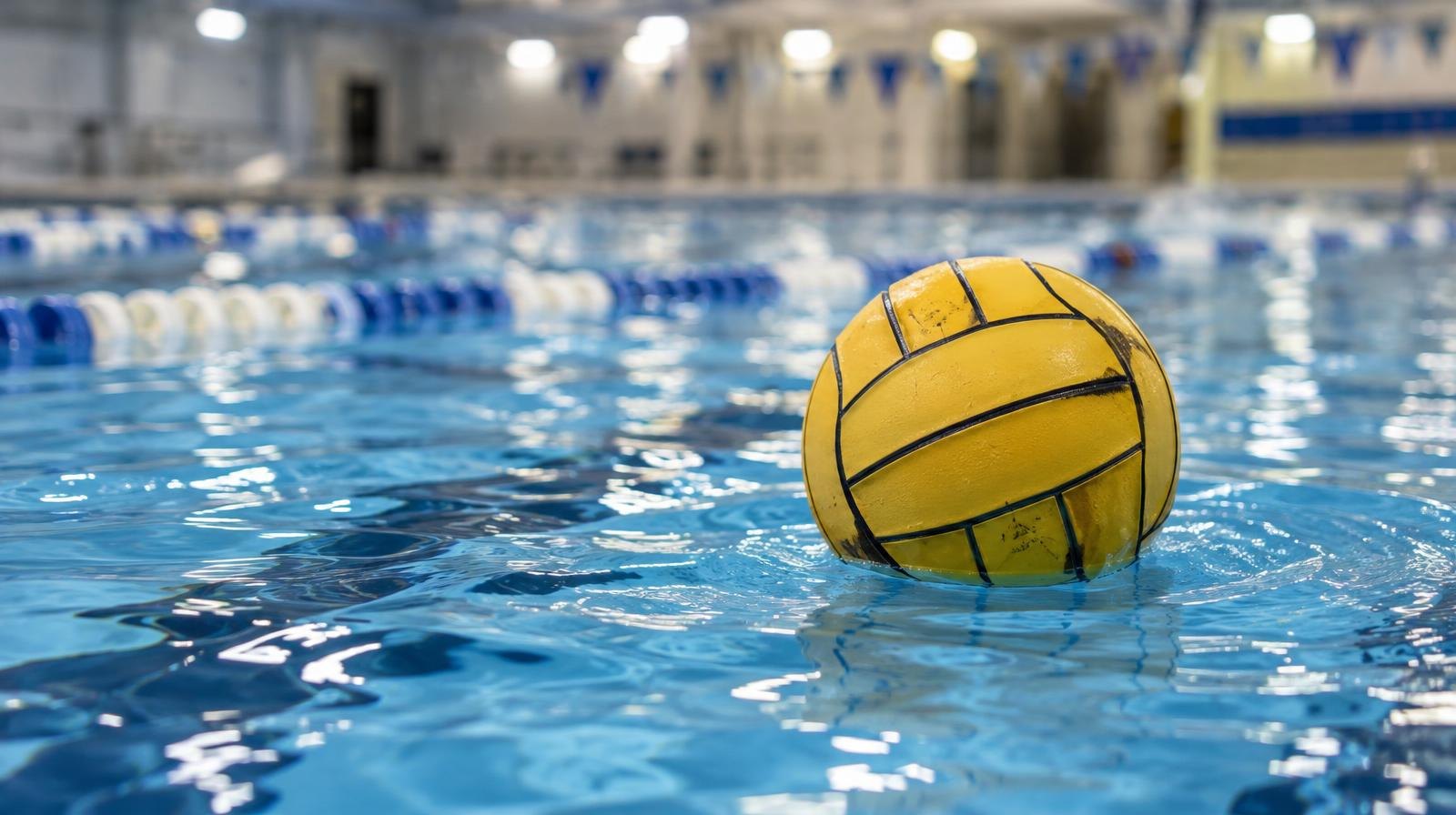 A water polo ball floating on the surface of a bright blue pool.